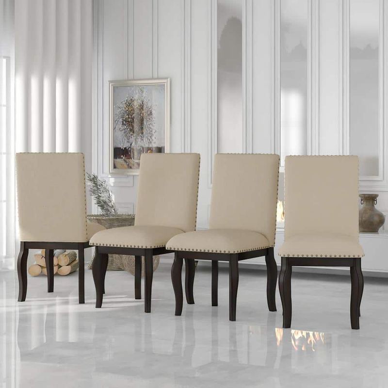 Harper & Bright Designs - Espresso Fabric Upholstered Dining Chairs with Curved Legs and Nailhead Trim (Set of 4)
