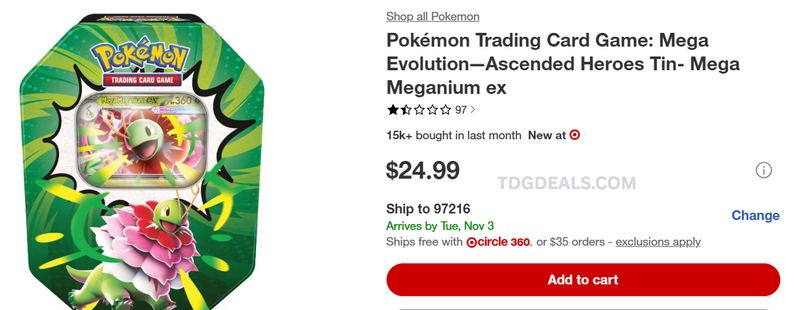 LIVE NOW! POKÉMON ASCENDED HEROES MEGA MEGANIUM EX TIN — $24.99