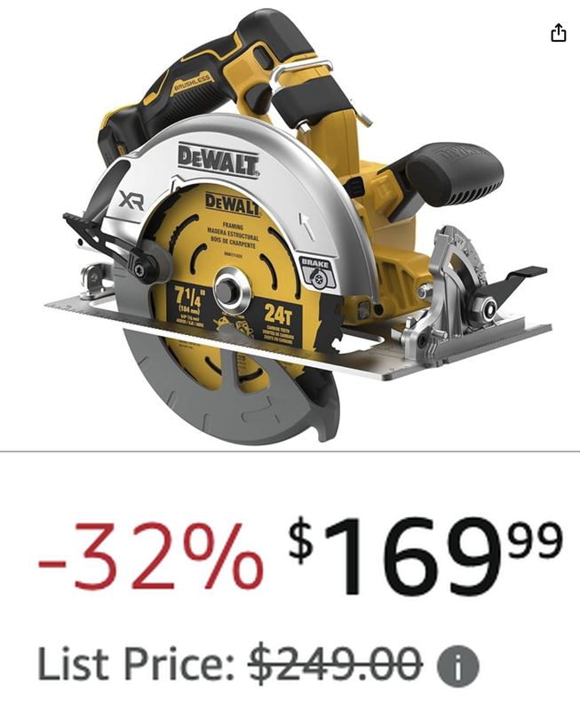 $249 DEWALT 20V MAX XR 7-1/4 IN CIRCULAR SAW NOW $169.99