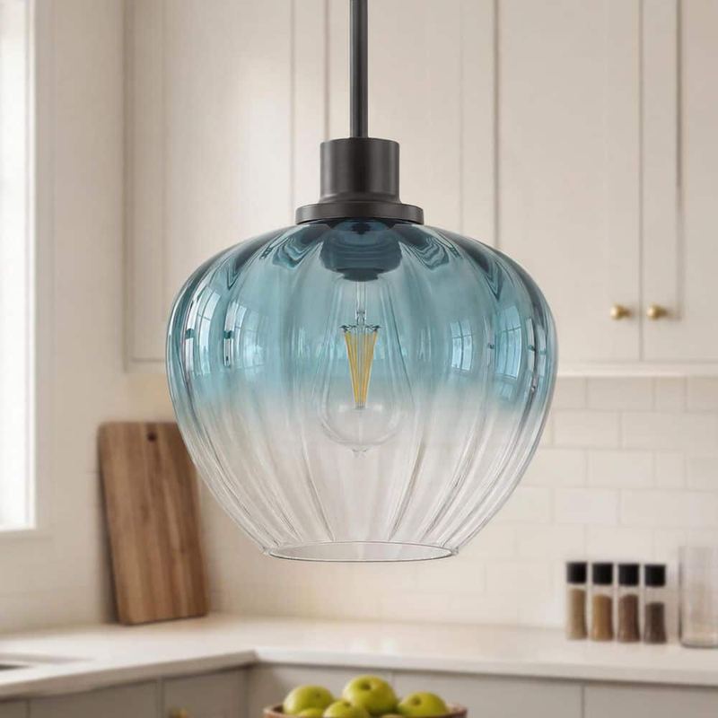 Merbotin - Hot Sell 9 in. 1-Light Coastal Blue Pendant Hanging Light with Ribbed Glass for Kitchen Island, Dining Room