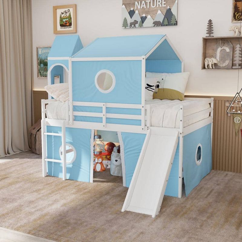 Polibi - Blue Full Size Loft Bed with Slide Pink Tent and Tower
