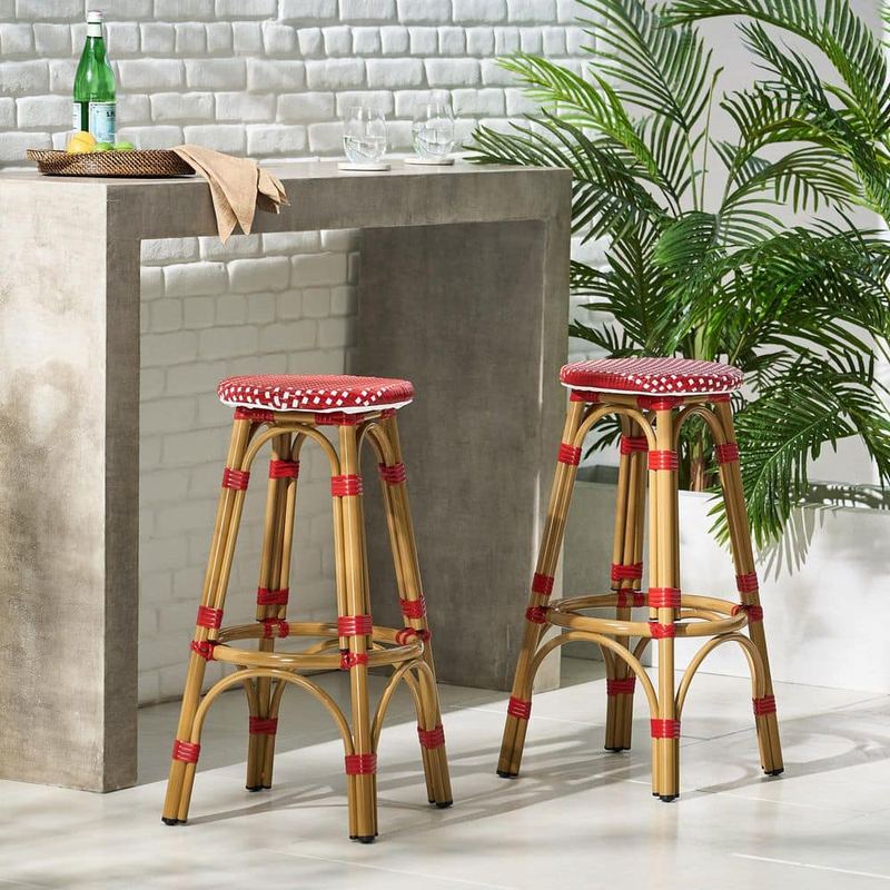 Boosicavelly - French Red Backless Wicker Outdoor Bar Stools (2-Pack)