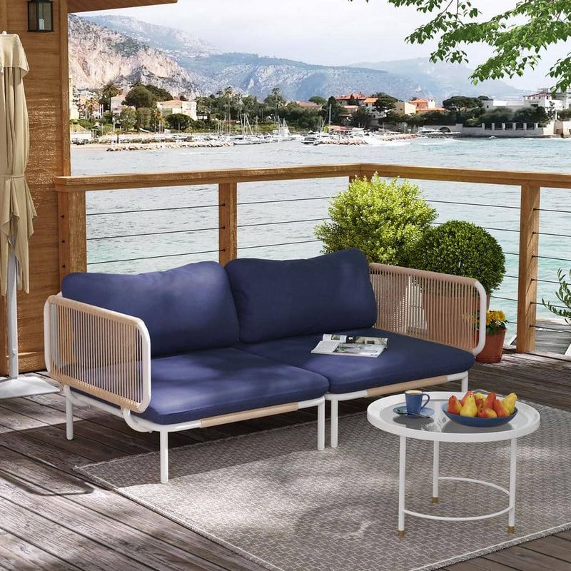 Pellebant - 2-Piece Metal Outdoor Sectional Sofa with Navy Blue Cushions 4-Armrest
