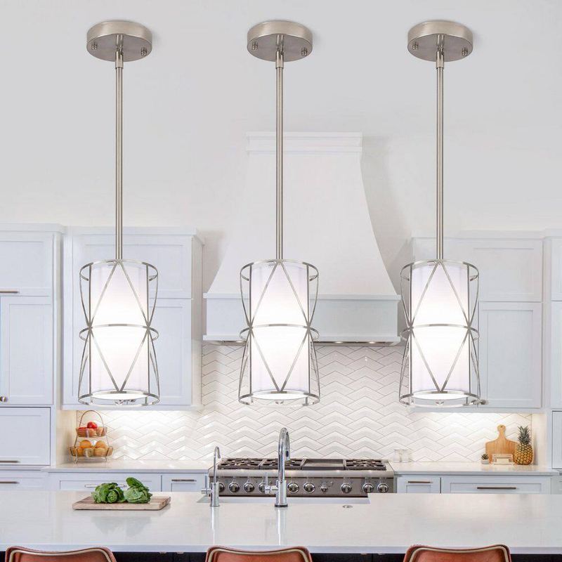 ZSMIHDOH - 1-Light Nickel Modern Drum Pendant Light with White Fabric Shade (Set of 3)