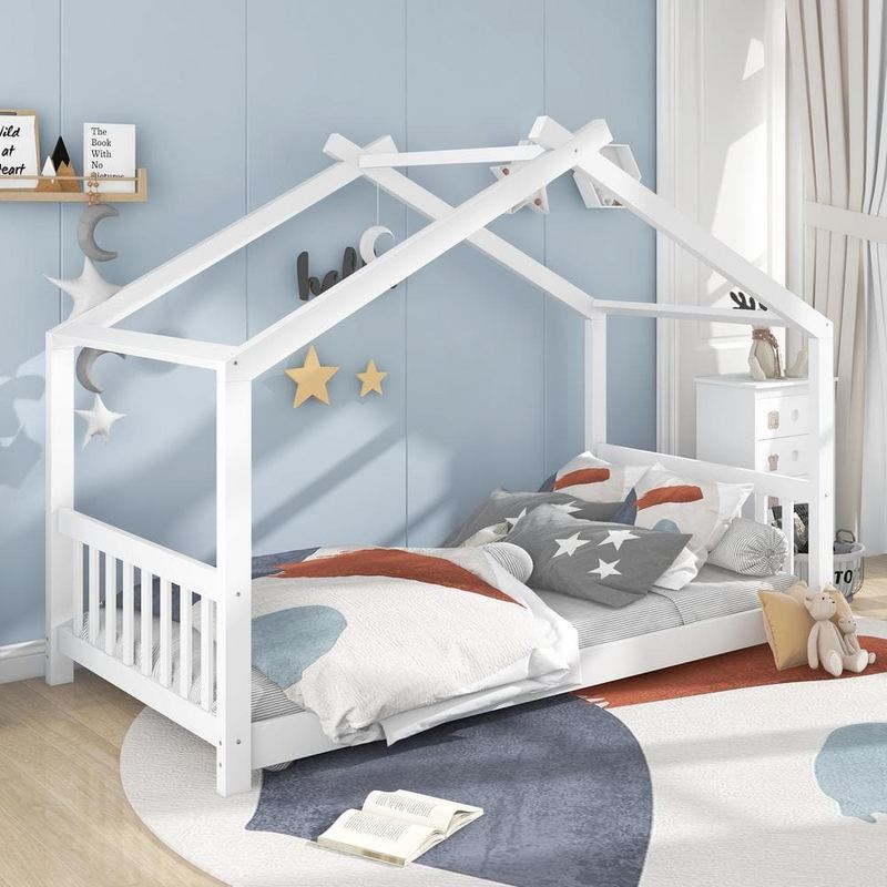 Harper & Bright Designs - White Twin Size Wooden House Platform Bed with Headboard and Footboard