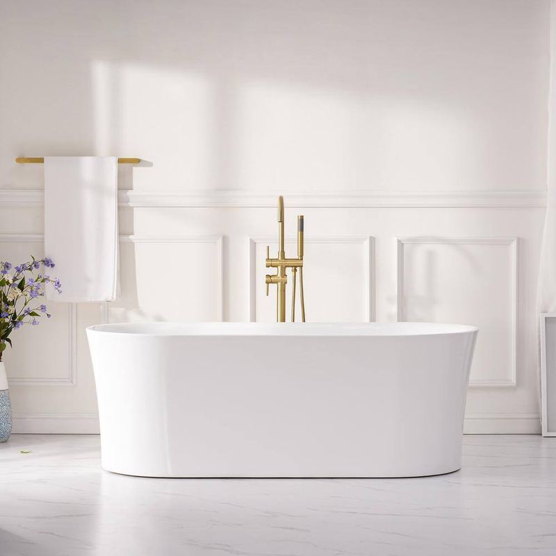 WELLFOR - 59 in. Pure Virgin Acrylic Flatbottom Freestanding Soaking Bathtub in White with Drain and Overflow Included