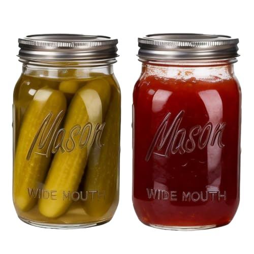 Rubtlamp Clear Mason jar 32 oz, 2 Pack Glass Jars - Wide Mouth Mason Jars with Airtight Lids for Pickling, Fermenting, Food Storage&DIY Crafts, Microwave & Dishwasher Safe