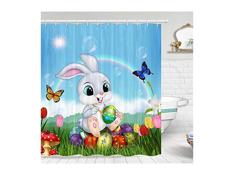 JAWO Easter Shower Curt, Eggs with Bunny