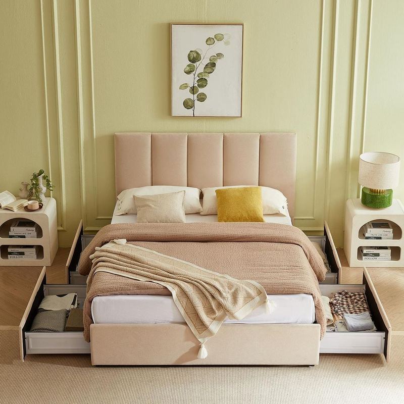 Ahokua - Beige Plywood Frame Full Size Linen Upholstered Platform Bed with 4 Storage Drawers