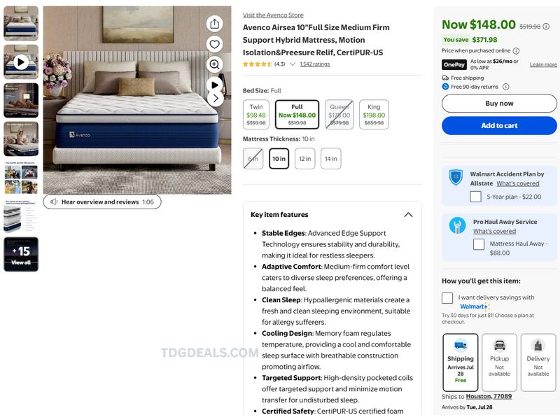 AVENCO 10-IN FULL MATTRESS — $148.00