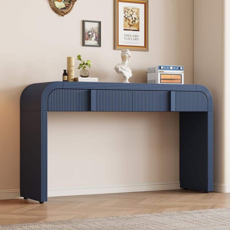 Harper & Bright Designs - Stripe Design 55 in. Navy Blue Specialty Filleted Corner MDF Console Table with Adjustable Foot Pads and 2 Drawers