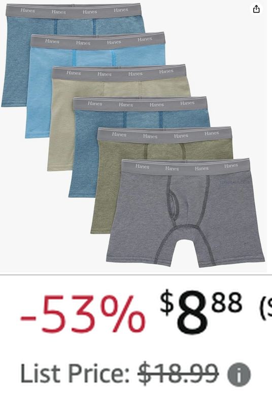 $8.88 HANES BOYS' ORIGINALS BOXER BRIEFS 6-PACK