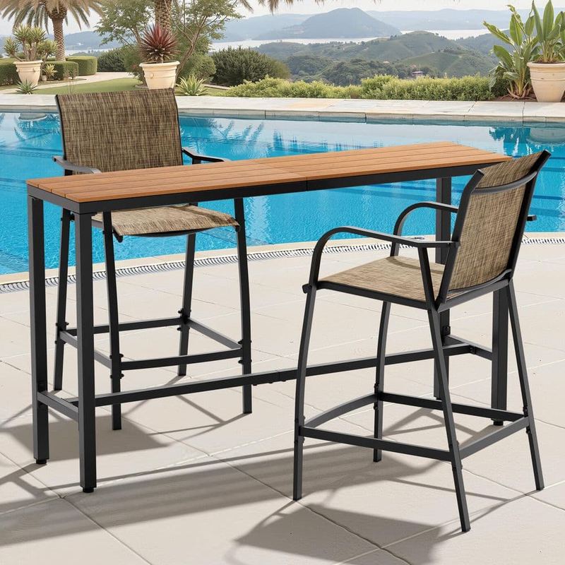 Crestlive Products - 3-Piece Outdoor Bistro Set with 63 in. L. Bar Table Metal Bar Set 2 Bar Stools with Footrest Textilene Fabric in Earth