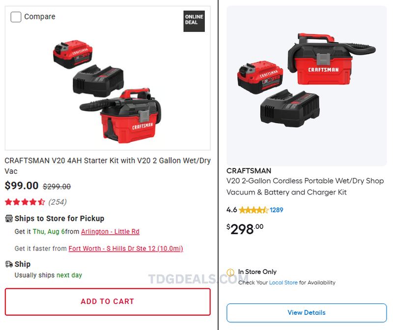 $100 CRAFTSMAN V20 4.0Ah Starter Kit + 2 Gallon Wet/Dry Vac