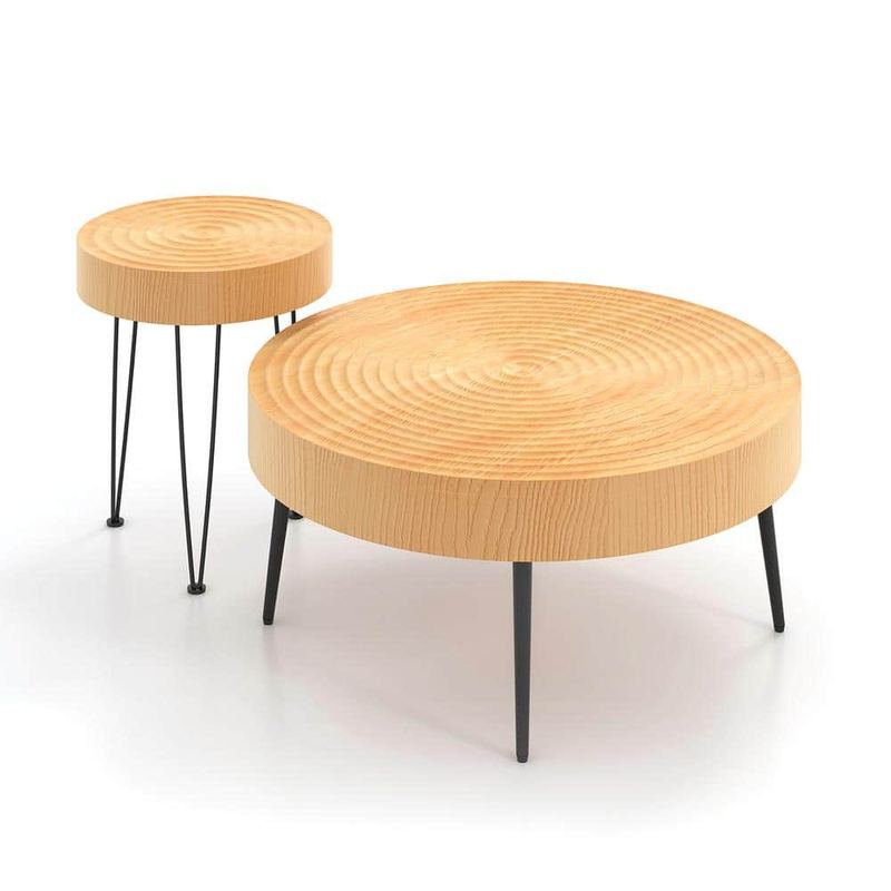 Costway - 31.5 in. Natural Round Wooden Farmhouse Coffee Table (Set of 2) End Table Natural Finish for Living Room