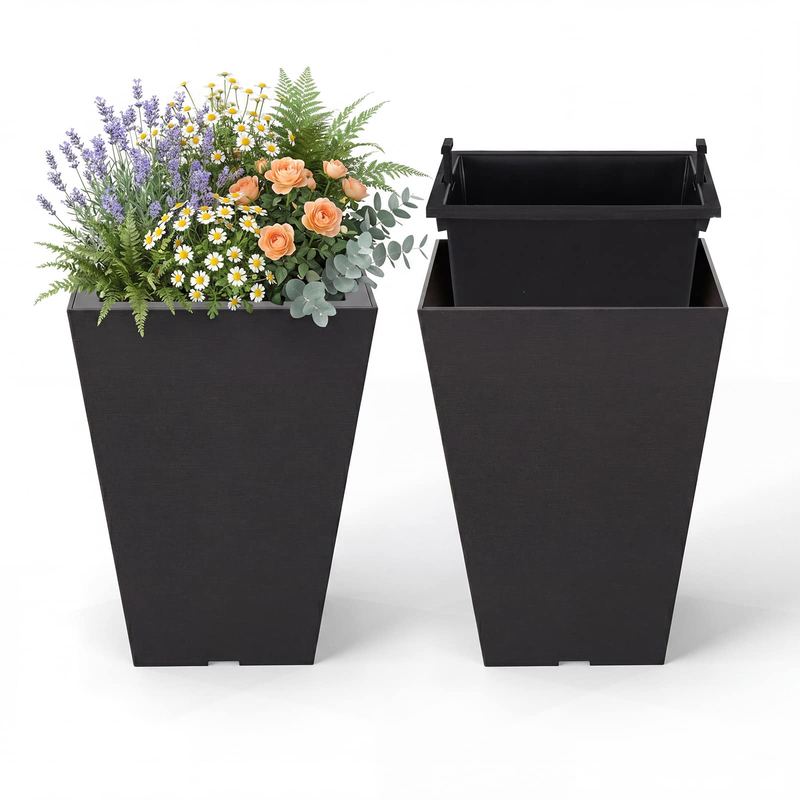 Costway - Square Taper Planter Set of 2 with Removable Inner Bucket & Drainage Holes - Black