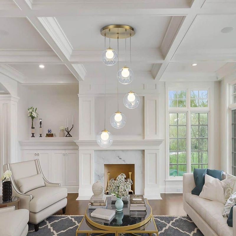 MENCOLULU - 5-Light Modern Gold Metal LED Chandelier Pendant Light with Clear Globe Shades for Entryway, Living Room