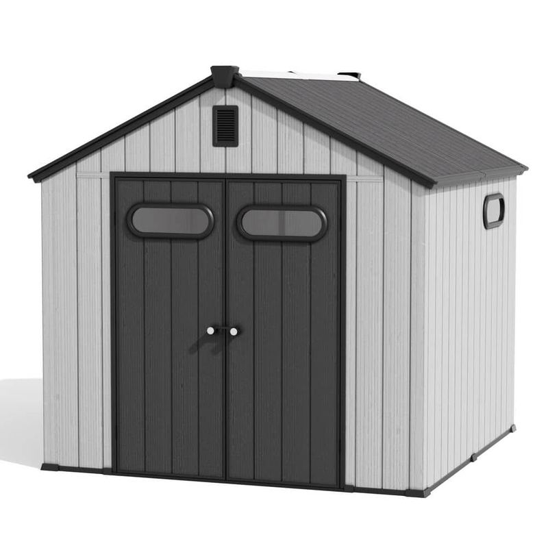 Crestlive Products - 8 ft. x 8 ft. Light Gray Outdoor Resin Storage Shed with Windows 64 sq. ft. Patio Plastic Garden Tool Shed with Floor