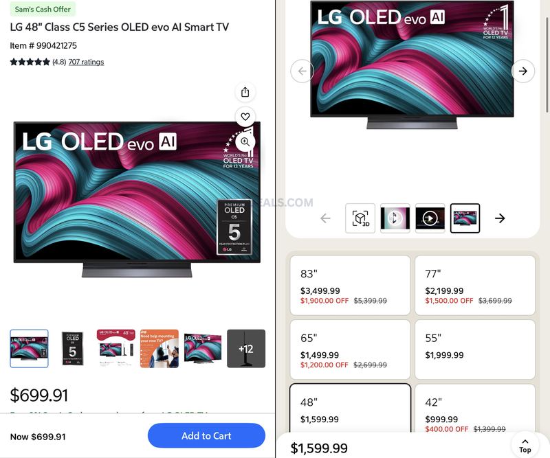 LG 48” C5 OLED JUST DROPPED TO $699.91 AT SAM’S CLUB