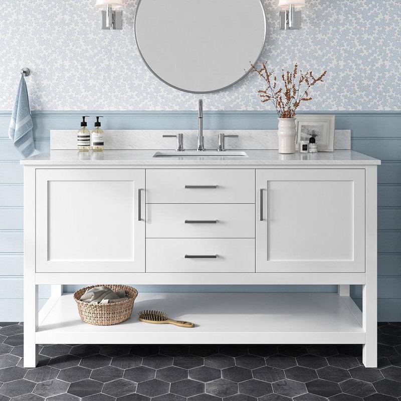 ARIEL - Bayhill 61 in. W x 22 in. D x 35.25 in. H Freestanding Bath Vanity in White with Carrara White Marble Top