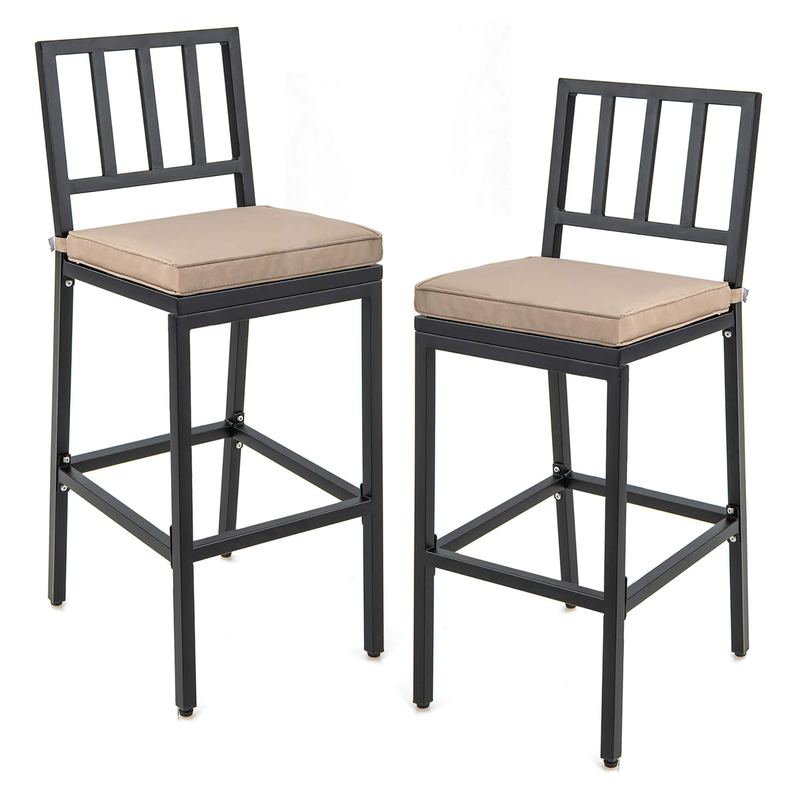 Costway - Set of 2 Patio Metal Bar Stools Outdoor Bar Height Dining Chairs with Cushion - Black + Beige