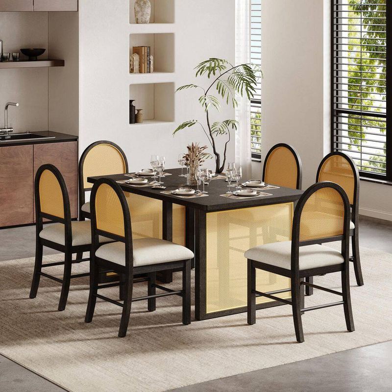 Nestfair - 7-Piece Rectangular Espresso Brown Wood Top Dining Table Set Seats 6 with Distressed Oak Veneer