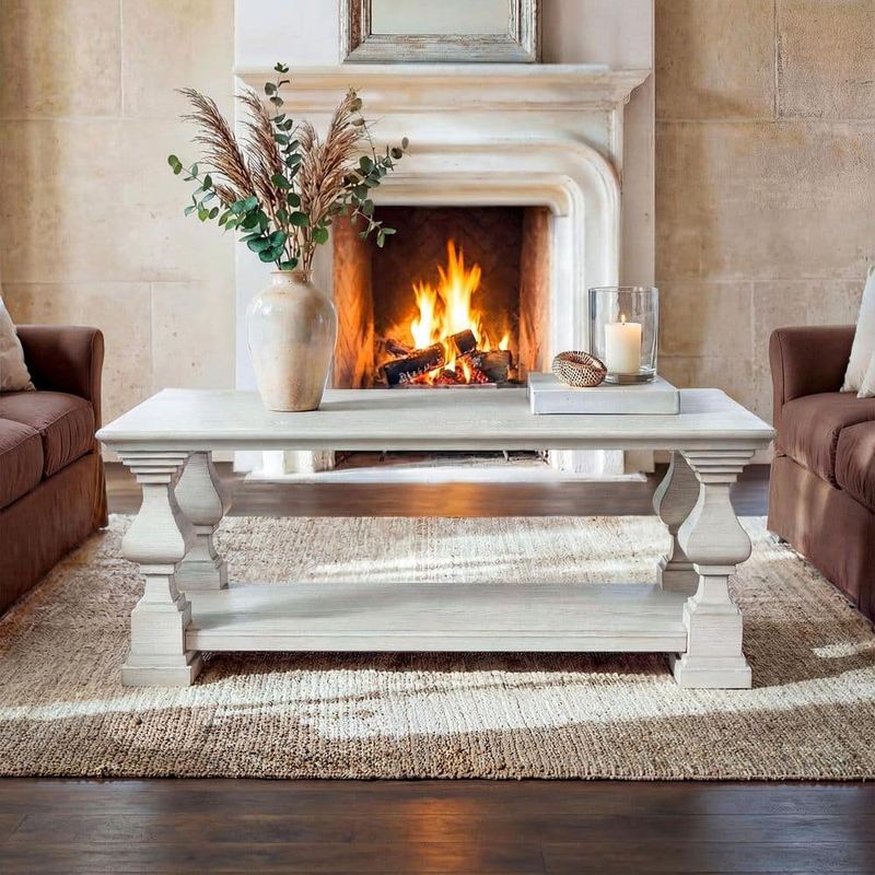 Homsee - 46.2 in. White Oak Rectangle Pine Solid Wood Coffee Table with Open Lower Storage Shelf, Sturdy Frame&Versatile Design