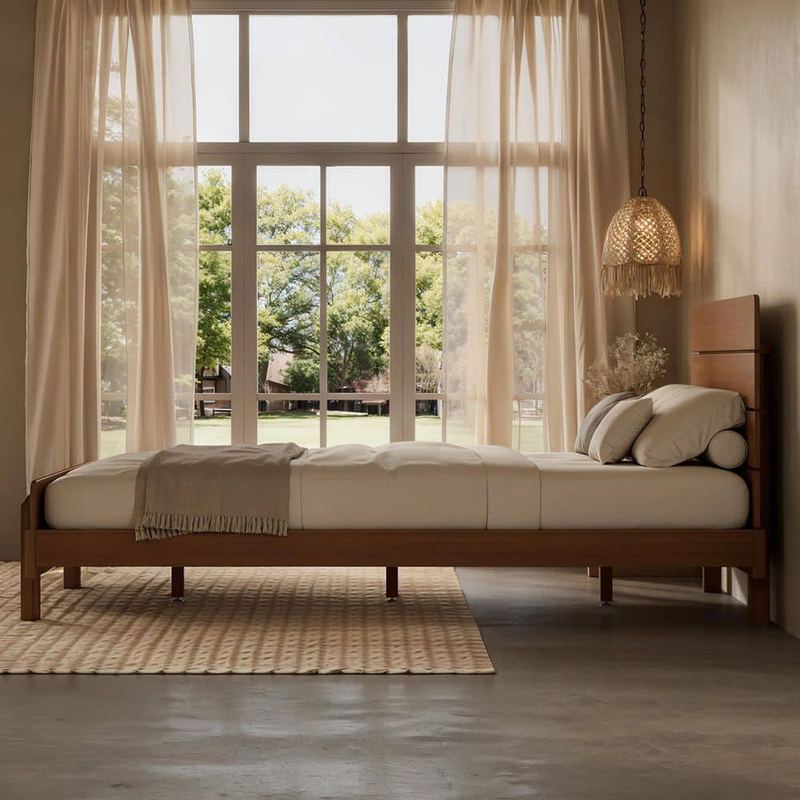 Polibi - Brown Bamboo Frame Full Size Platform Bed with Headboard, Upgraded Support Slats