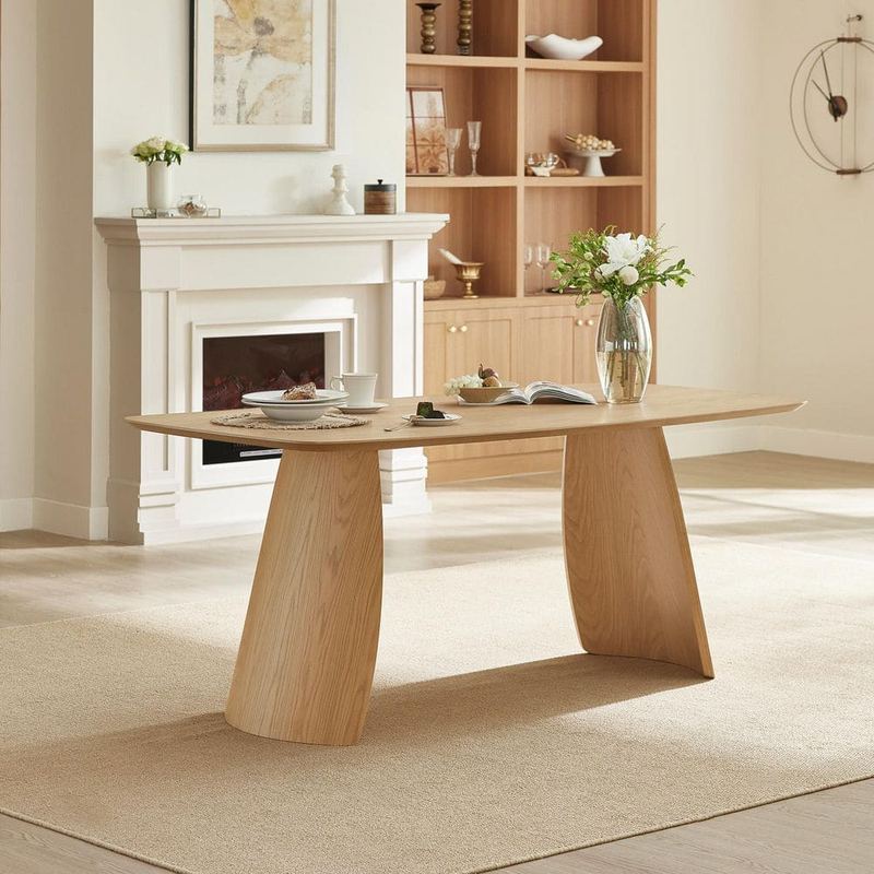 Spruce & Spring - Vincent Oak 71 in. Trestle Base Dining Table Seat 4-6 w/Self-Leveling Feet Premium Walnut Veneer Rounded Corners