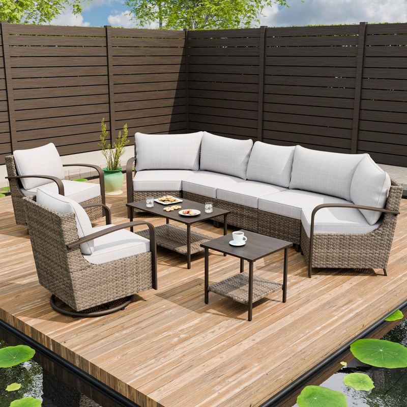 EAGLE PEAK - 9-Piece Wicker Patio Conversation Sectional Seating Set with Swivel Rocking Chair, Beige Cushions