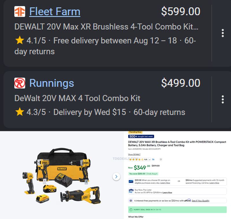 DEWALT 20V MAX XR 4-TOOL COMBO KIT — $349