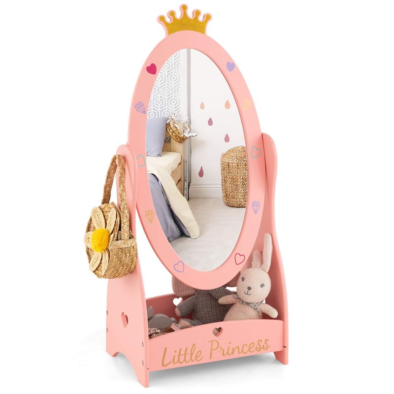 Costway - Kids Full Length Mirror Free-Standing 360° Dressing Wooden Princess Storage - Pink
