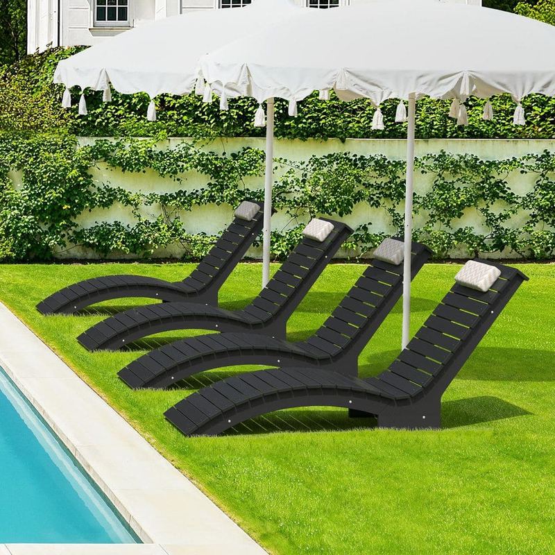 Hotormer - Sasha Black HDPS Plastic Patio Lounge Chair Waterproof Fade-Resistant Outdoor Chaise Lounge with Headrest Set of 4