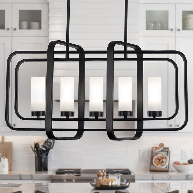 ZSMIHDOH - 5-Light Black Modern Farmhouse Rectangle Kitchen Island Pendant with White Frosted Glass Shade