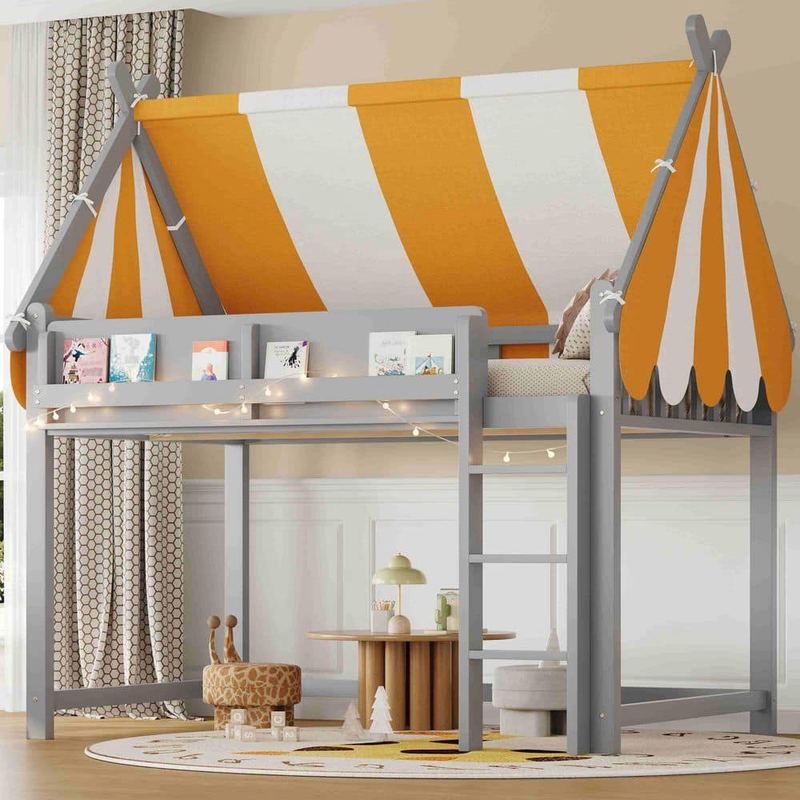 Polibi - Gray Full Wood Loft Bed with Canopy, LED Lights and Book Shelf