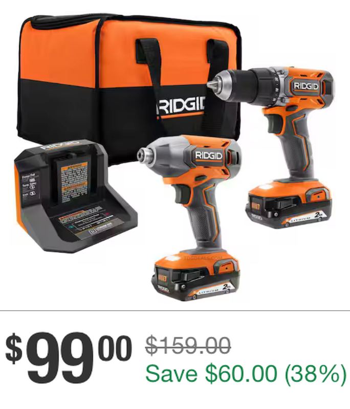 $99 RIDGID DRILL + IMPACT DRIVER KIT
