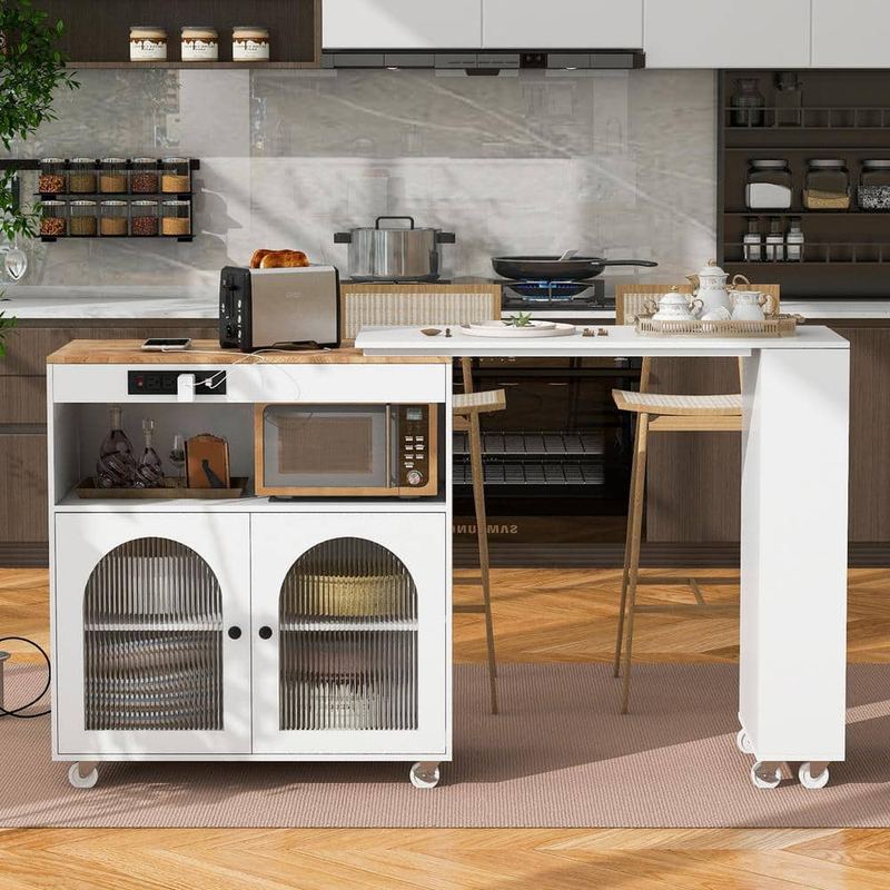 FAMYYT - Unlock White Extended Rubber Wood Tabletop 56.3 in. Kitchen Island with LED Lights, Power Outlets and Fluted Glass Doors