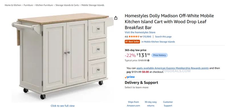 HOMESTYLES DOLLY MADISON KITCHEN CART — $131.99
