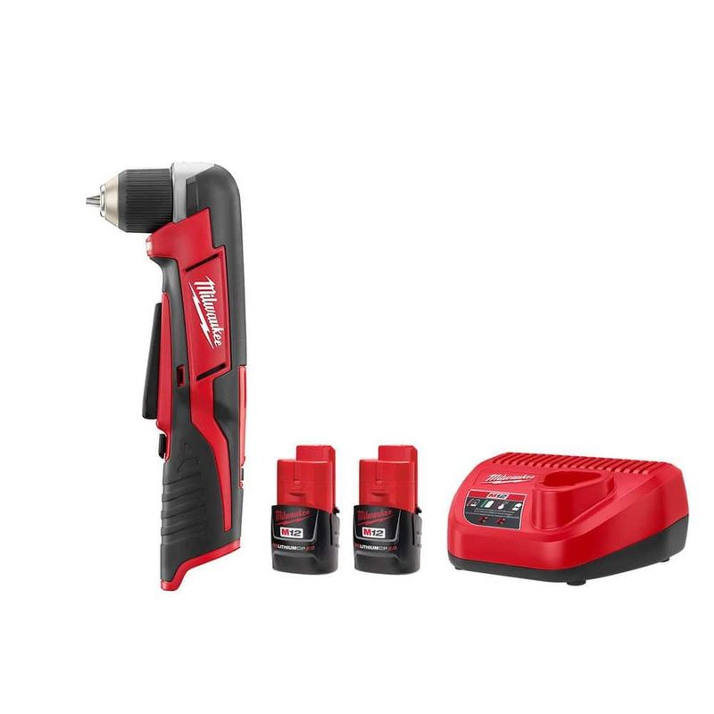 Milwaukee - M12 12V Lithium-Ion Cordless 3/8 in. Right Angle Drill with M12 2.0 Ah Battery (2 Pack) and Charger