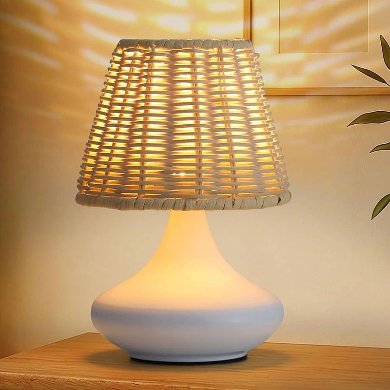 CACI Mall - 8 in. White Dimmable LED Table Lamp with USB Port and Rattan Shade for Bedroom or Living Room