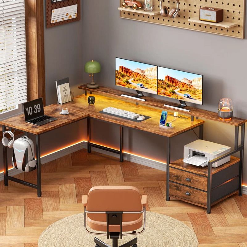 Furnulem - 66 In L Shaped Computer Desk with Charging Station LED Lights 2 Drawers Monitor Stand Reversible Gaming Desk - Brown