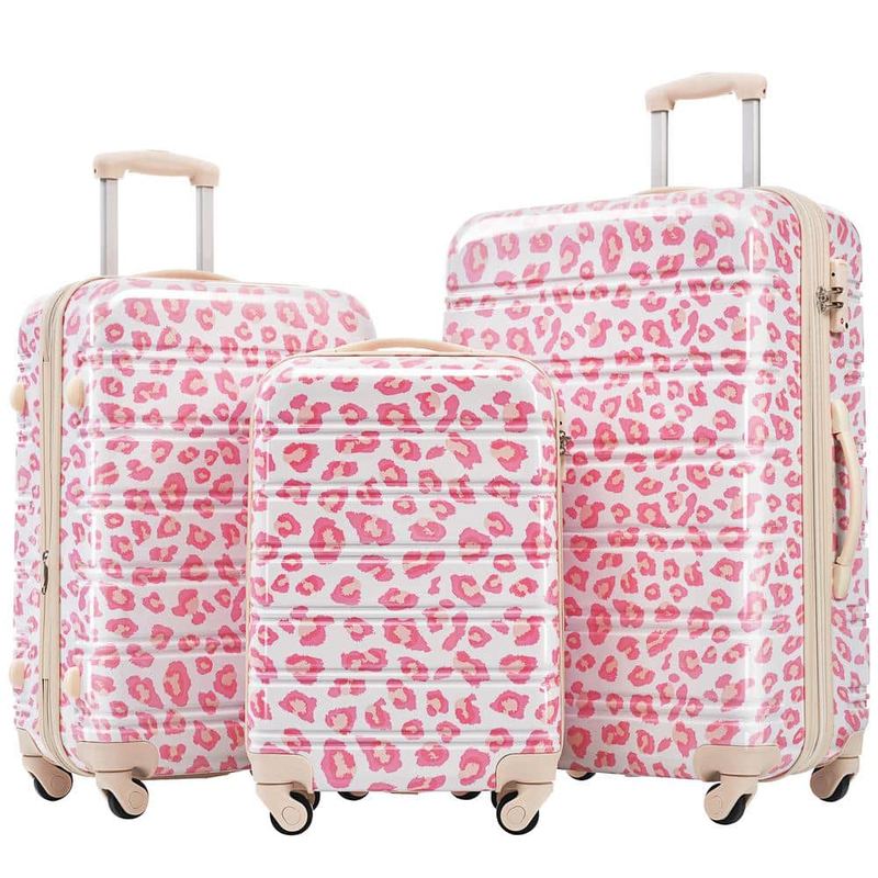 Merax - Lightweight Durable 3-Piece Pink Leopard Expandable PC Hardshell Spinner Luggage Set with TSA Lock