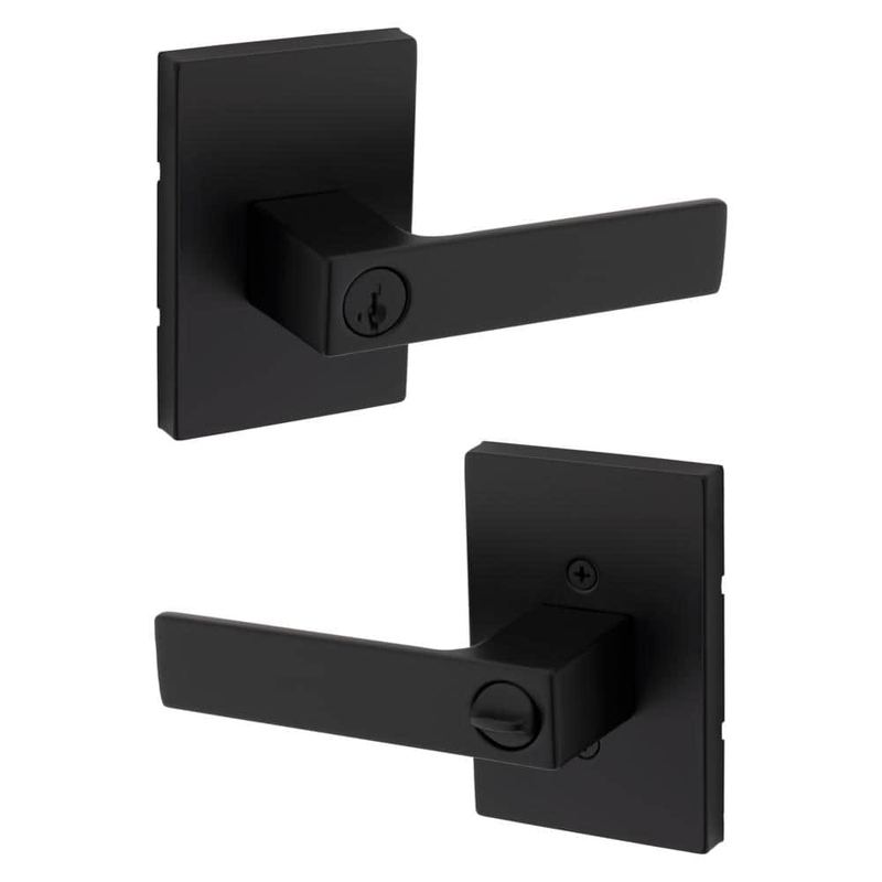 Kwikset - Singapore Matte Black Reversible Rectangular Straight Keyed Entry Door Handle featuring SmartKey Technology