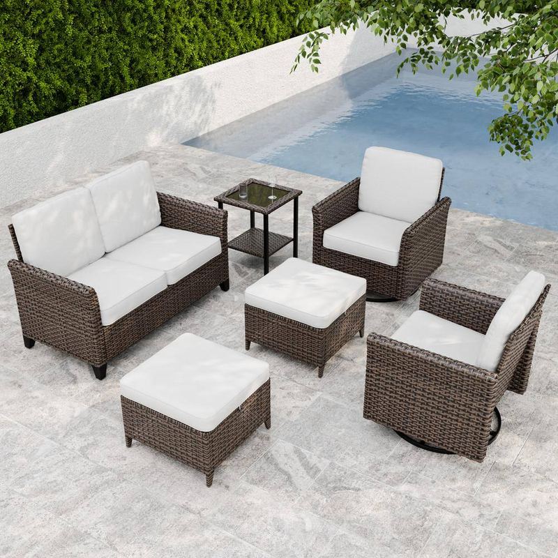 EAGLE PEAK - 6-Piece Mix Brown Wicker Patio Conversation Set Wide Armrest Loveseat Sofa Set, Beige Cushions, Swivel Chairs