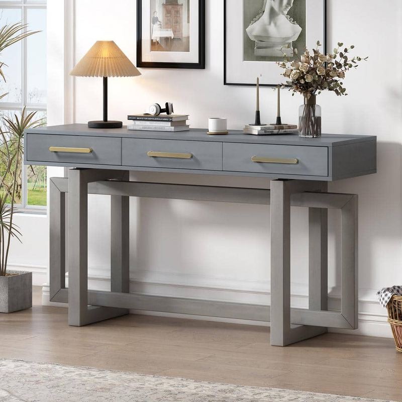 Harper & Bright Designs - Antique Gray 57 in. W Elegant Rectangle MDF Top Console Table with 3 Drawers