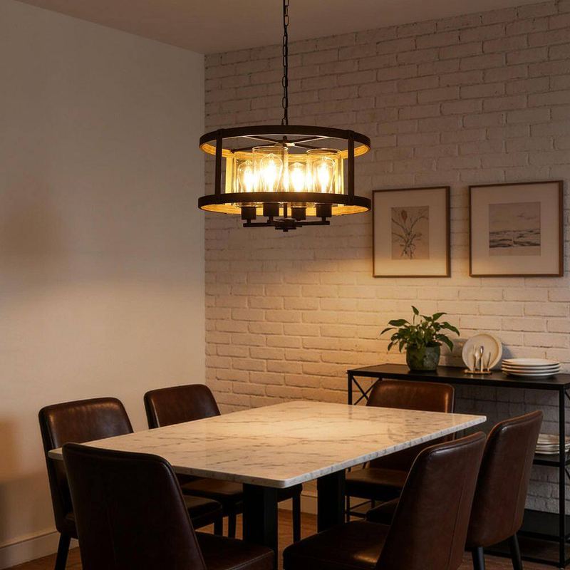 HLJYNJM - 4-Light Black and Imitation Wood Grain Farmhouse Drum Pendant Light with Glass Shade Chandelier for Dining Room