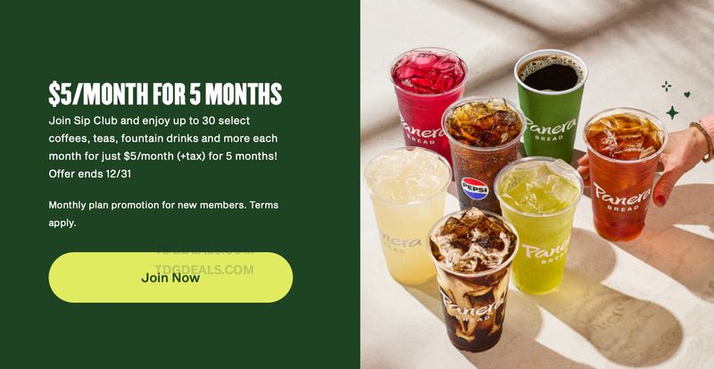 FOOD DEAL: PANERA SIP CLUB FOR $5/MONTH FOR 5 MONTHS