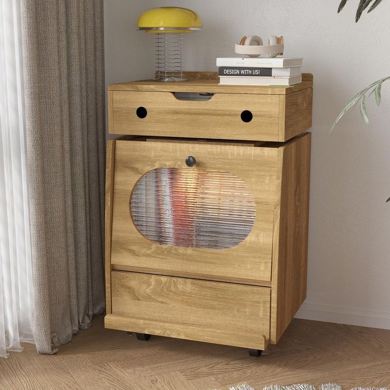 FUFU&GAGA - Natural Wood 2 Drawer 18.9 in. W Nightstand with 360° Rotating Top, Touch Light Strip, Fluted Glass & Swivel Casters