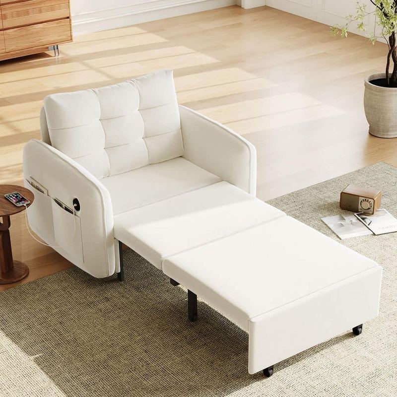 Harper & Bright Designs - 42.5 in. Beige Chenille Sleeper Single Twin Size Sofa Bed, Pull Out Lounge with USB Charging, Storage Pockets and Box
