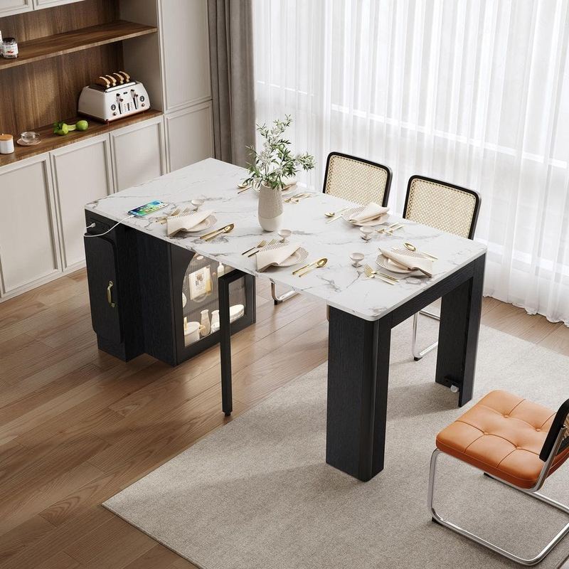 Nestfair - Black Wood 4 Legs Dining Table Seats 4 with Power Outlet and Storage Cabine